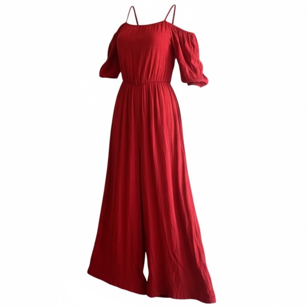 Anthropologie Floreat Red Off Shoulder Puff Sleeve Wide Leg Jumpsuit Size L